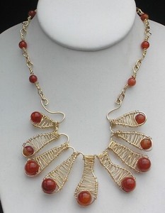 Vintage Wire Wrapped Carnelian Glass Bead Necklace 21"