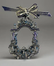 Vintage Silvertone Ribbon Bow w Dangle Rectangle Mini Picture Frame Brooch R26