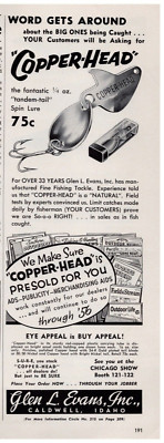 1955 Glen Evens Copper -  Head Fishing Lure  Print Ad Man Cave #0548