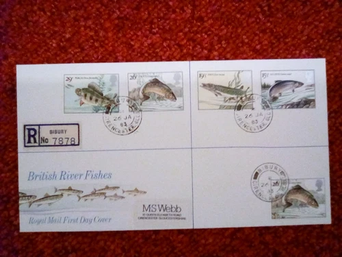 GB FDC 1983 BRITISH RIVER FISHES BIBURY CIRENCESTER DOUBLE RING P/M TROUT FARM