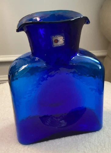 Vintage Blenko Glass Cobalt Blue Double Spout 384 Water Bottle Pitcher Vase