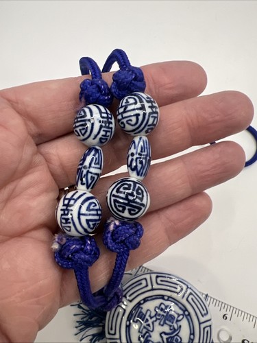 VTG CHINESE BLUE WHITE PORCELAIN GOOD FORTUNE PENDANT NECKLACE KNOT LONG TASSEL - Picture 9 of 9