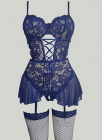 Women's Sexy Lace Lingerie Set Corset Ruffle Hem Garter Fishnet Stockings