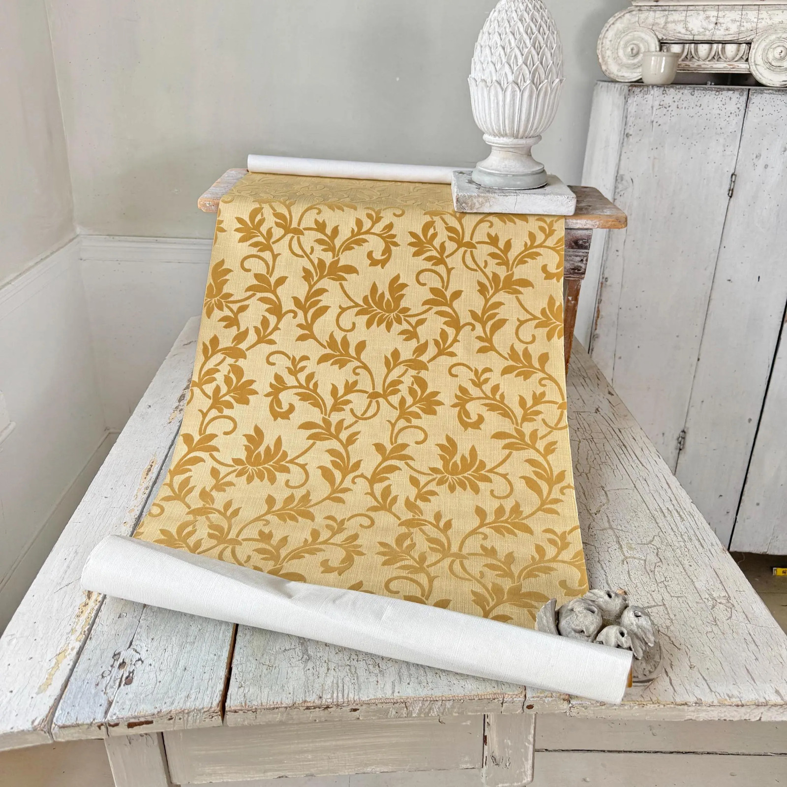 1.5 ( multiples available) Vintage French Wallpaper Flocked Velvet 1970s Gold D