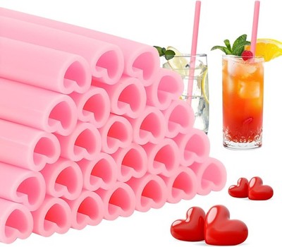25 Pack Heart Shaped Silicone Straws Reusable Drinking Cute Straw Flexible Straw