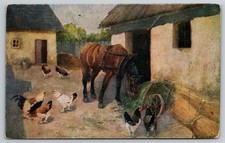 European Farmyard Draft Horse Hay Cart Chickens Thatched Cottage Art Postcard
