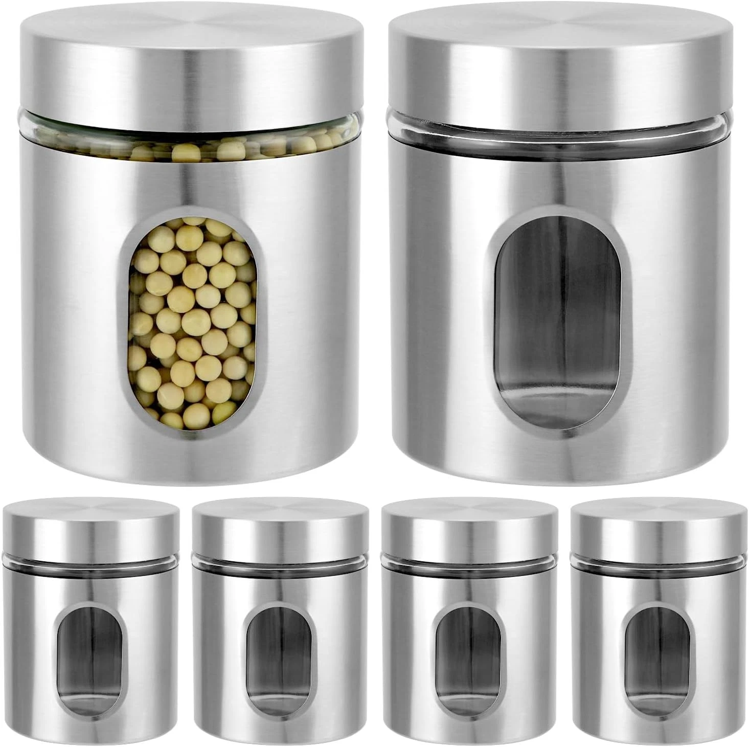 6 Pack 20 oz Stainless Steel Glass Kitchen Canisters Set Airtight Food Storage