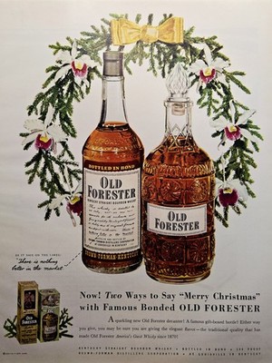 1950 Old Forester Bourbon Whisky Print Ad - Christmas Gift Decanter Box Wreath