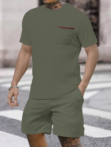 Men's Short Sets 2 Piece Summer Outfits Casual Short Sleeve Crew Neck Pockets... - Picture 3 of 6