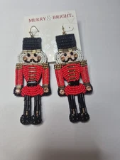 Merry & Bright Beaded Red Nut Cracker Christmas Earrings