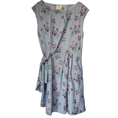 Anthropologie Dress Celestia Blue White Embroidered Floral Sleeveless Size 14