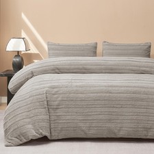 Plush Duvet Cover Set - King Size Light Gray Striped Fuzzy Comforter Cover 3p...
