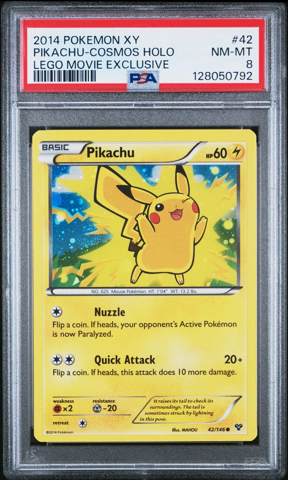 2014 POKEMON XY LEGO MOVIE EXCLUSIVE #42 PIKACHU-COSMOS HOLO PSA 8