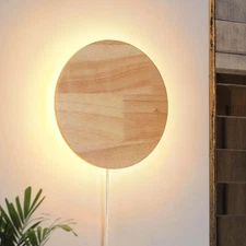 Modern Minimalist Plug in Wall Sconces, Plug-in Or Cordless 11.8'' Round Wood...