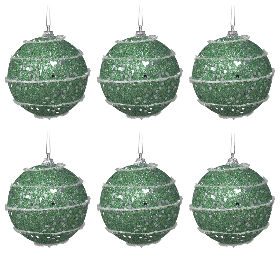 Cool Mint Green Glitter Christmas Baubles / Ornaments with Snowy Wrap - Set of 6