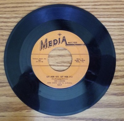 Vintage 45 rpm Ken Carson Don Costa Let Her Go / Hide & Seek Media 1017 '55
