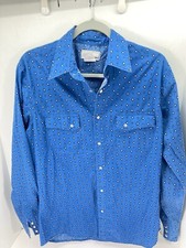 Wrangler Wrancher Pearl Snap Shirt Men Medium Blue Geometric Long Sleeve Rodeo