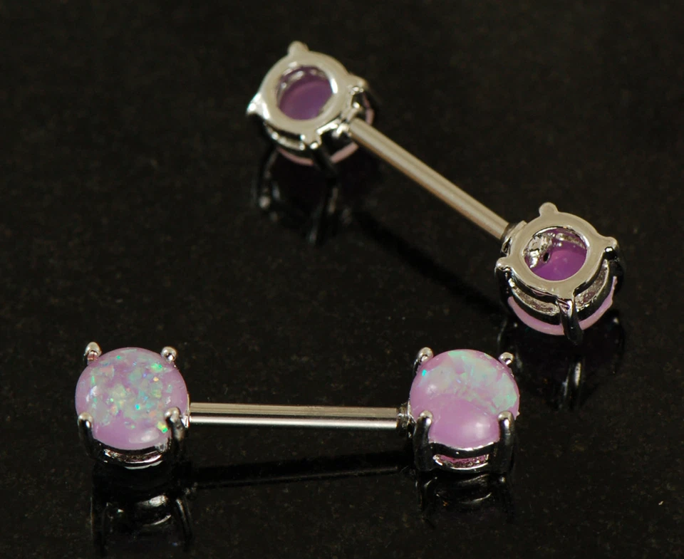 Par de anillos de pezón con barra de ópalo de fuego púrpura joyería perforadora 14G Foto 3 de 3