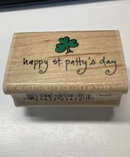Wood Mounted Rubber Stamp “Happy St. Patty’s Day” Shamrock 1.75" NEW