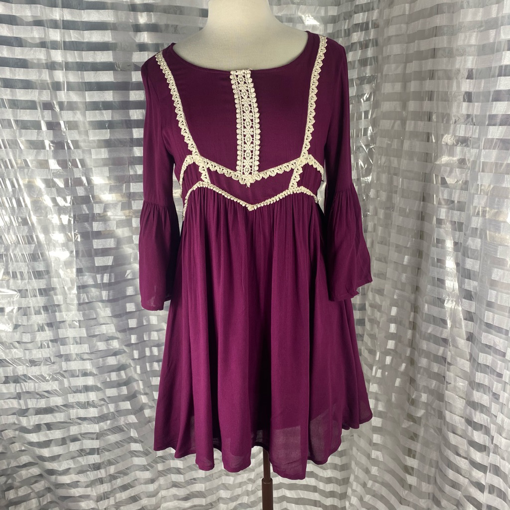 Entro Burgundy Purple /Cream Lace Adorned Boho Babydoll Dress | eBay