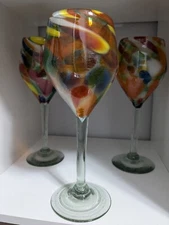 Confetti Wine Glass Hand Blown Mexican Goblet Water Multicolor Set Of 3