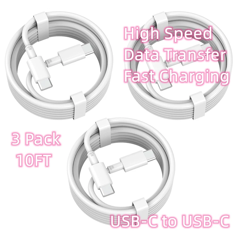 3 Pack 10FT USB-C to USB-C Cable Fast Charge Type C Charging Cord Rapid Charger - Image 2 of 4