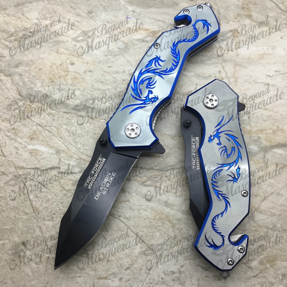 Navaja de bolsillo asistida por resorte con mango de dragón azul Tac Force Tactical Rescue Foto 3 de 4