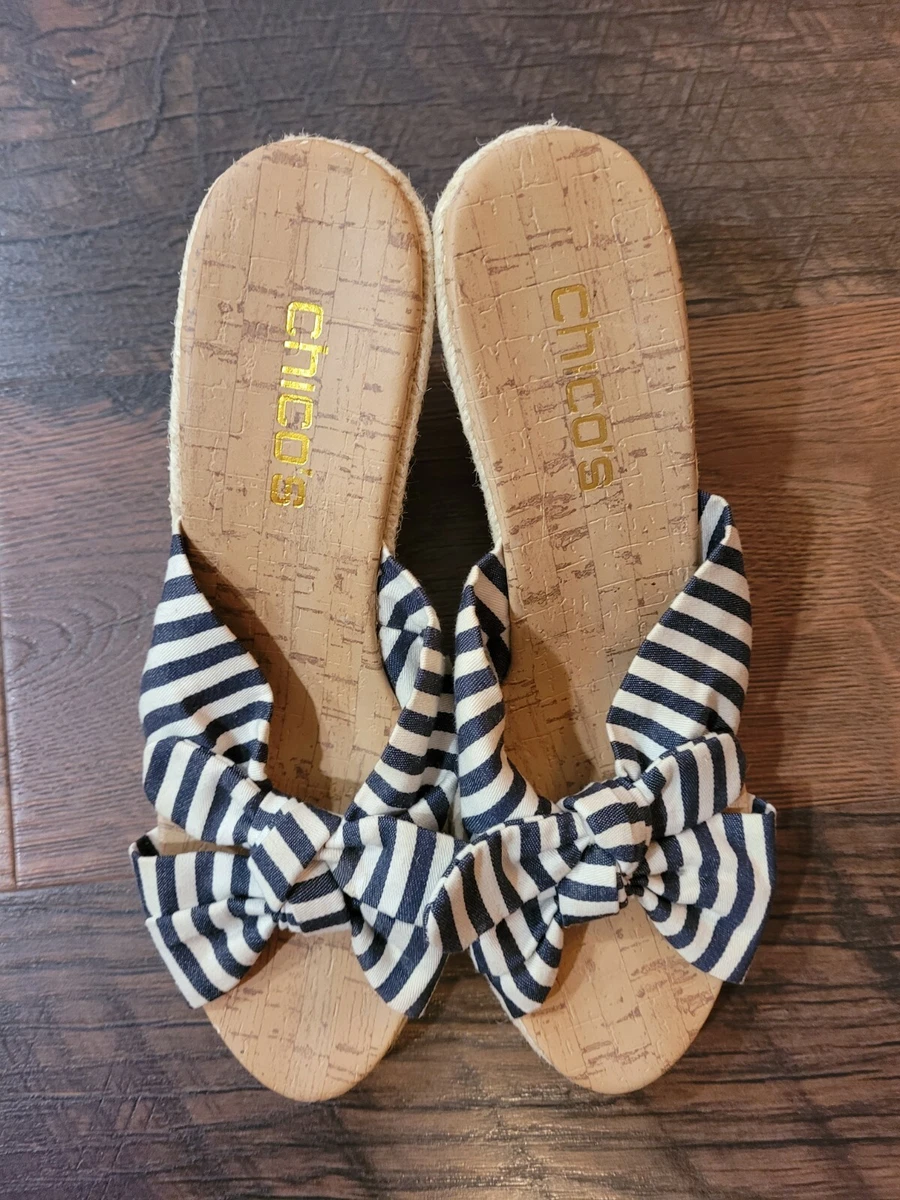 Chico s Navy Blue Ivory Striped Bow Jute Wedge Sandals Shoes