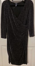 Chaps Black and Silver Metallic Sparkly Midi Sheath Dress, Size 12.