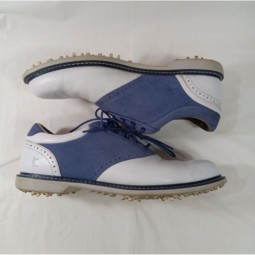 Ashworth Saddle Golf Shoes Men's Size 9.5 White Leather Blue Suede Brogue Spikes