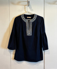 TORY BURCH womens size 8 M navy blue tunic blouse blingy Flare Bell sleeves