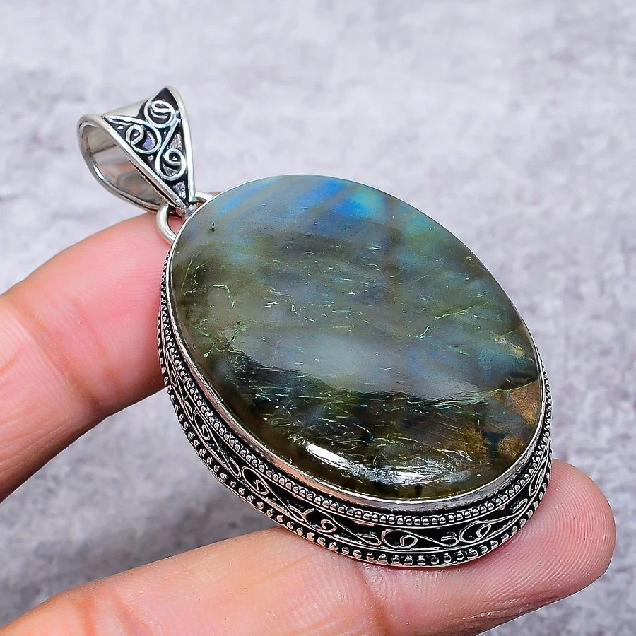 Ciondolo in argento sterling 925 etnico con pietra preziosa labradorite 2,44" D8 - Immagine 2 di 4