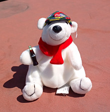 Coca-Cola 1998 Plush Polar Bear w/ Red Scarf Logo Hat Holding Bottle