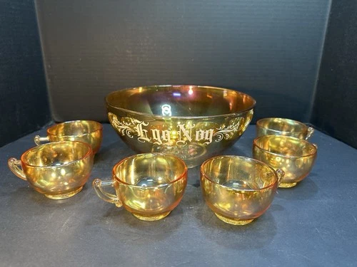 1950s Jeanette Glass Marigold Carnival Glass Egg Nog Punch Bowl and Cup Set
