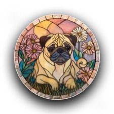 Pug Dog Puppy Spring Meadow Stained Glass Style Opaque Vinyl Sticker Decal