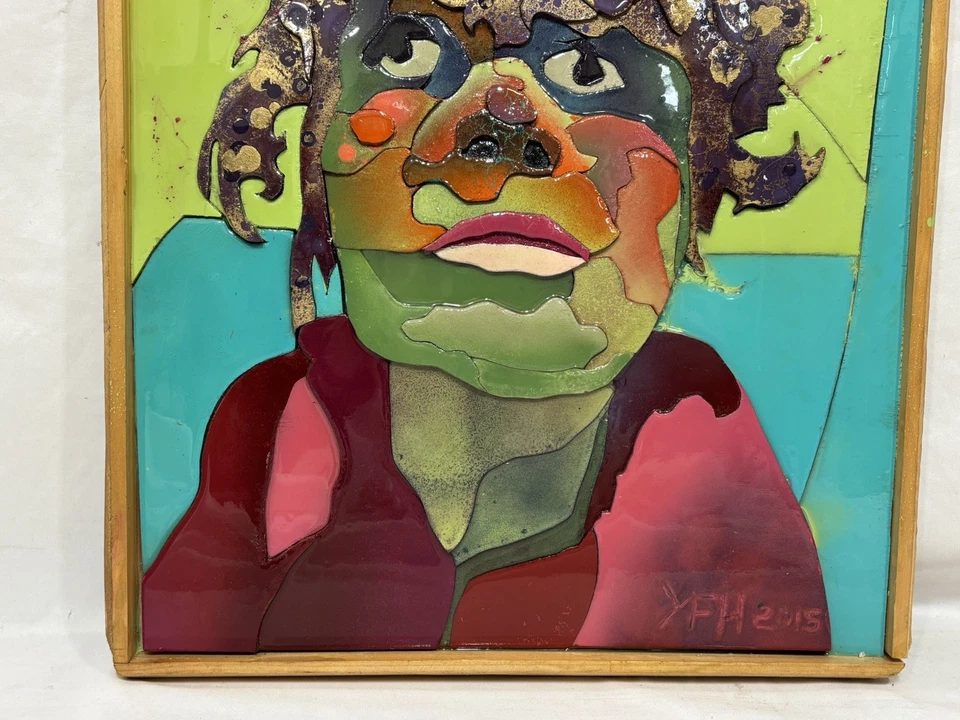 Retrato de mujer abstracto firmado original de madera y pintura y resina en capas mixta Foto 4 de 4