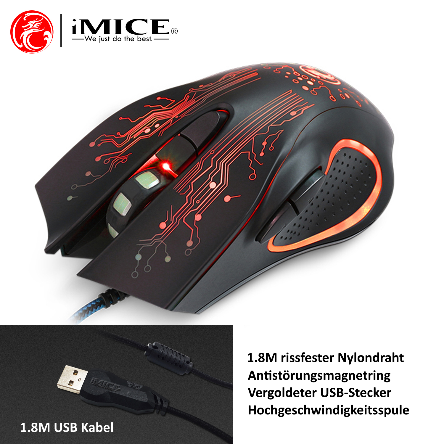 Gaming 6 Tasten PC Maus 2400dpi Optisch RGB Beleuchtet Gamer Mouse USB 1.8m