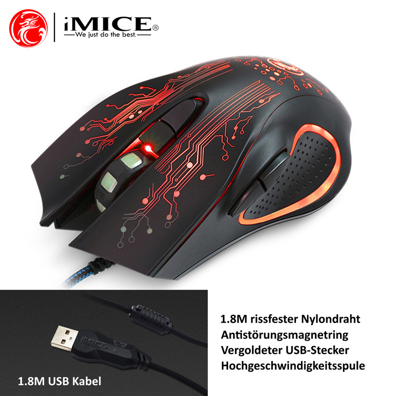 Gaming 6 buttons PC mouse 2400dpi optical RGB illuminated gamer mouse USB 1.8m