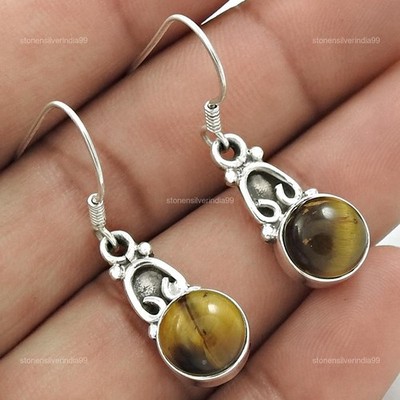 Christmas Gift Solid 925 Silver Natural Tiger's Eye Dangling Earrings