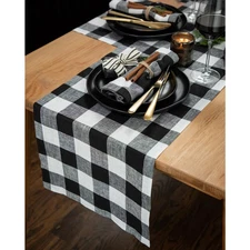 Solino Home Linen Plaid Table Runner 144 Inches Long - 100% Pure Linen Buffal...