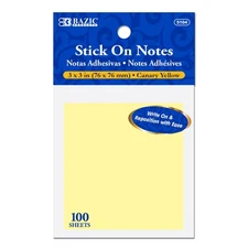 BAZIC 100 Ct. 3" X 3" Yellow Stick On Notes, pack of 24