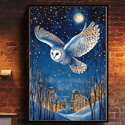 Winter Owl Flying Over City   Night Sky Animal Art Print   Whimsical Snow Poster