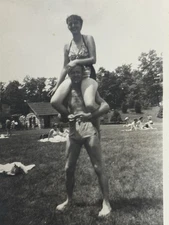 Vintage Snapshot Photo Bathing Beauty Atop Her Mans Shoulders