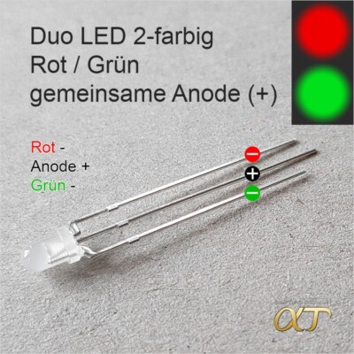 10 x Duo LED 3mm Rot Grün , Anode (+ Plus) , diffus + Widerstände 2-16V