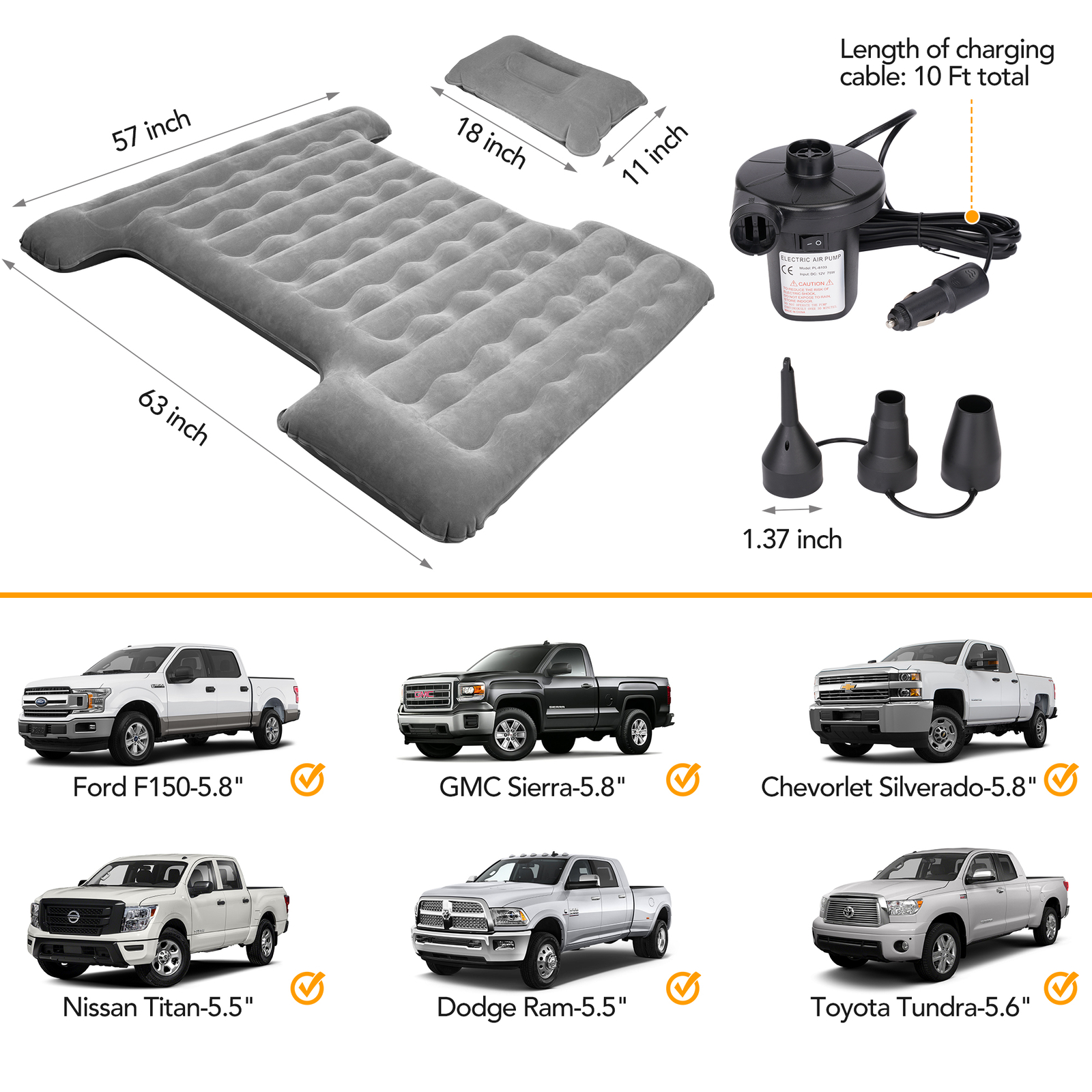 5''8'' Inflatable Air Mattress Back Truck Bed Travel Sleeping Beds W