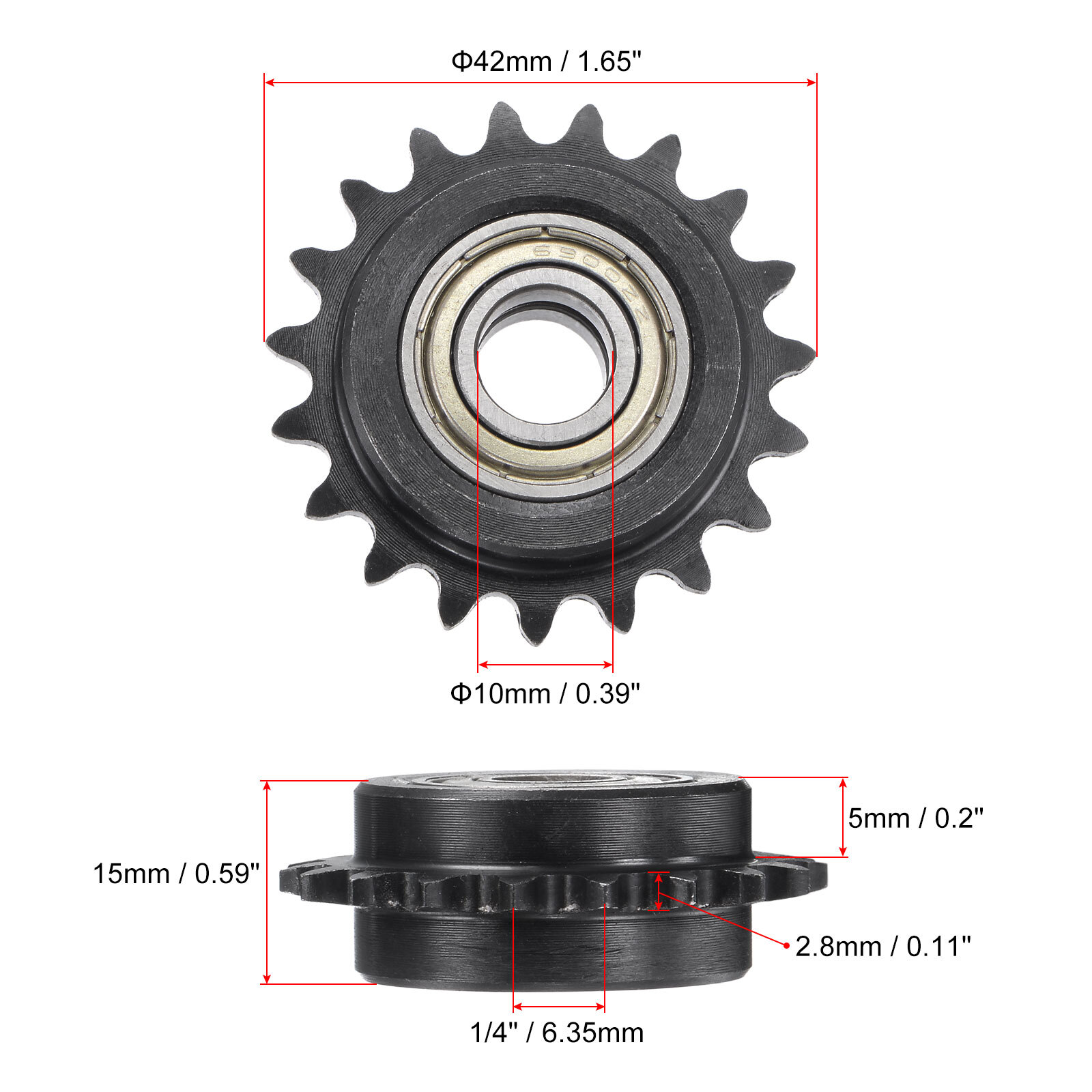 2Pcs 25 Roller Chain Idler Sprocket 10mm Bore 1/4" Pitch 19 Tooth