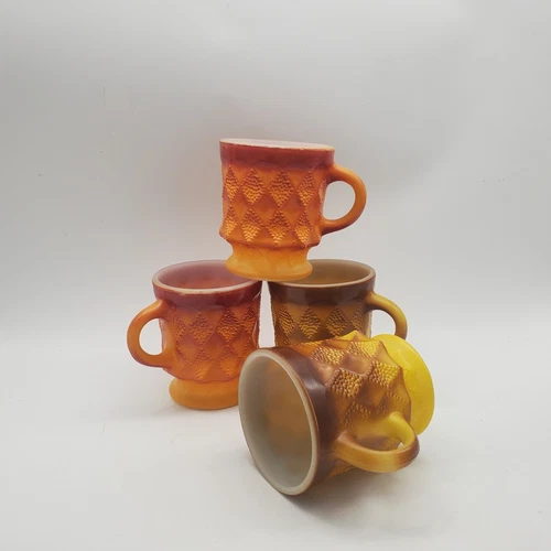 4 Anchor Hocking & Fire King Kimberly Mugs Diamond Yellow Brown Orange 9017 Vtg