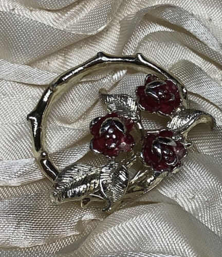 Rose Brooch Round Wreath Gerrys Vintage Pin Red Es