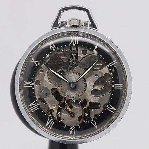 SHELL Vintage Pocket Watch Mechanical Manual Silver Open Face Skeleton 40mm - Picture 1 of 3