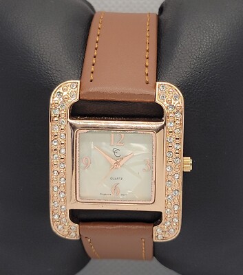Ladies Stylish Rose Gold Tone Case Paved Bezel Brown Leather Band Watch L3